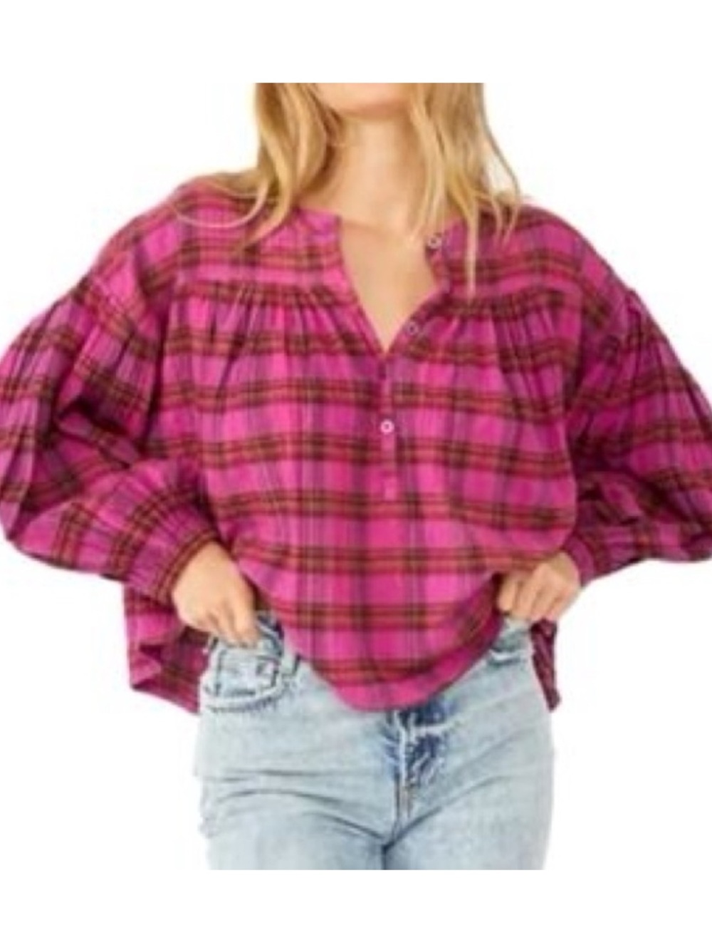 Sz L Free People Jessi Plaid Pink Combo Top We the Free